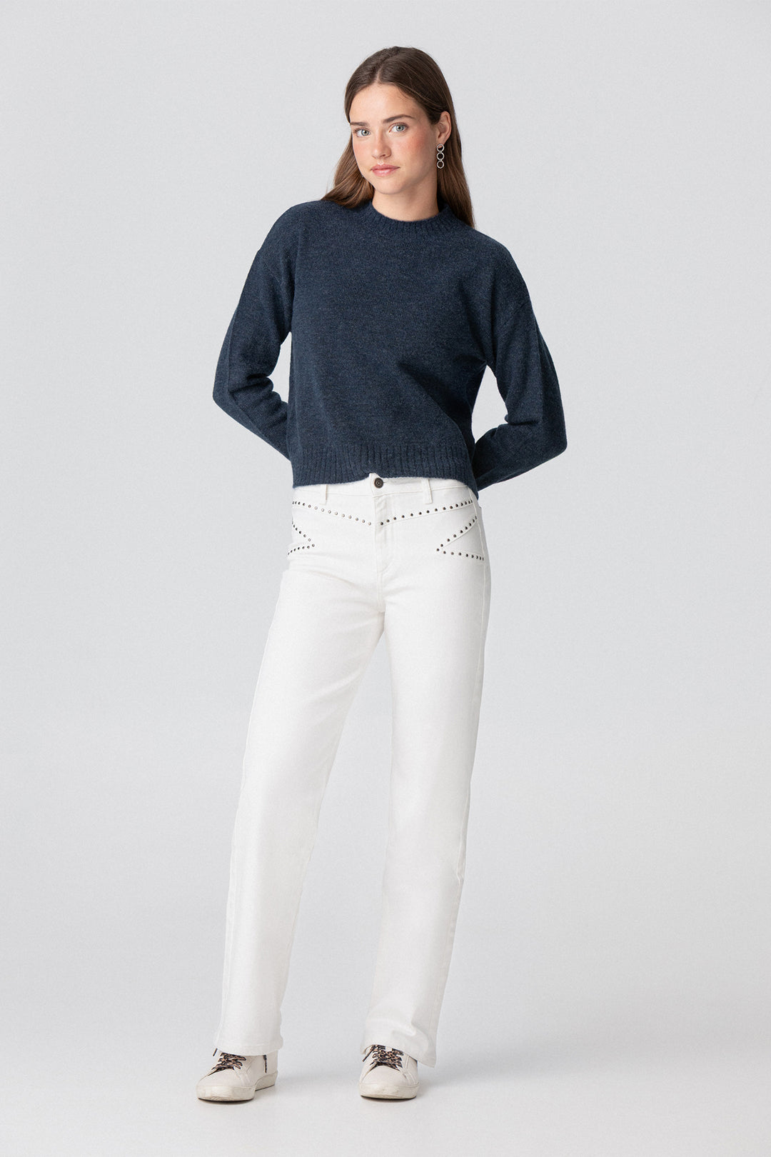 STRAIGHT LEG JEANS WITH STUDS AND YOKE