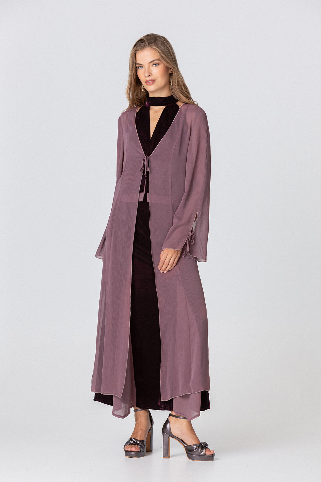 Long chiffon kimono with bows