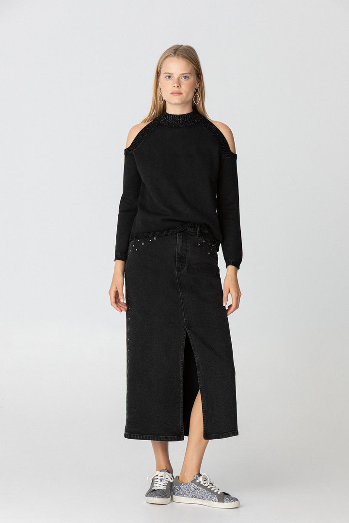 FALDA MIDI TACHUELAS DENIM