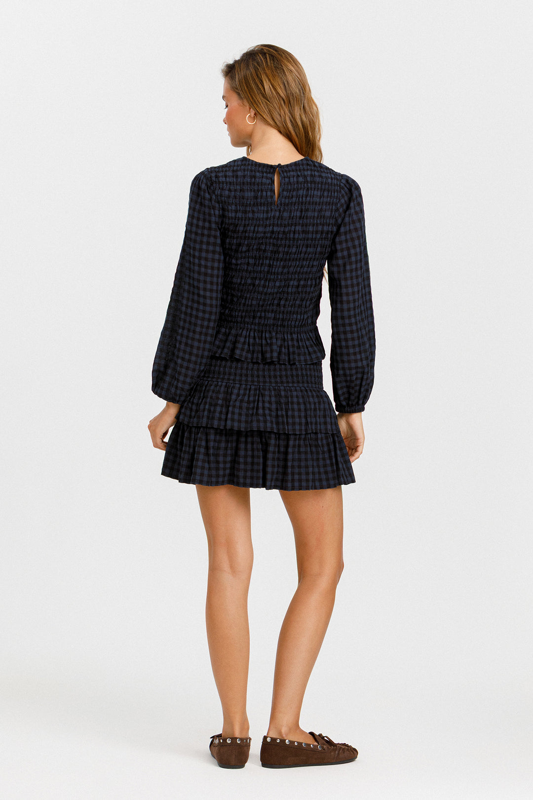 GATHERED PLAID BLOUSE