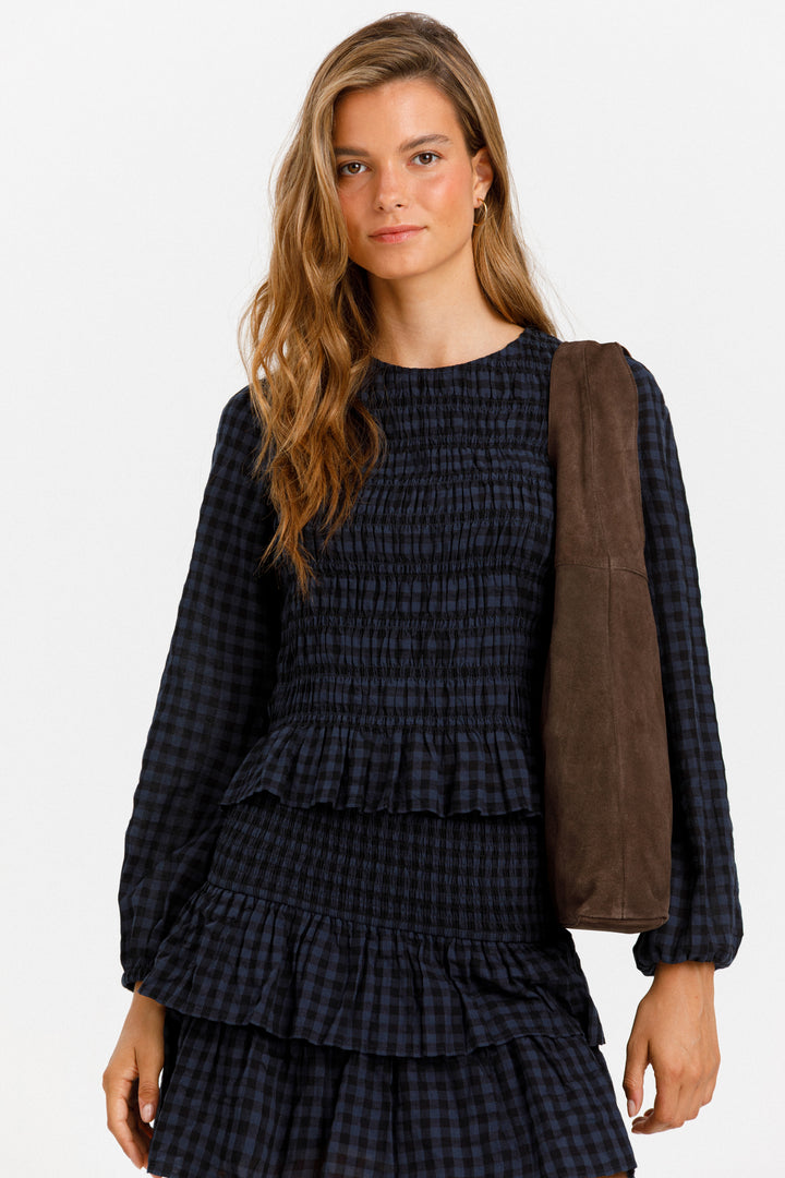GATHERED PLAID BLOUSE