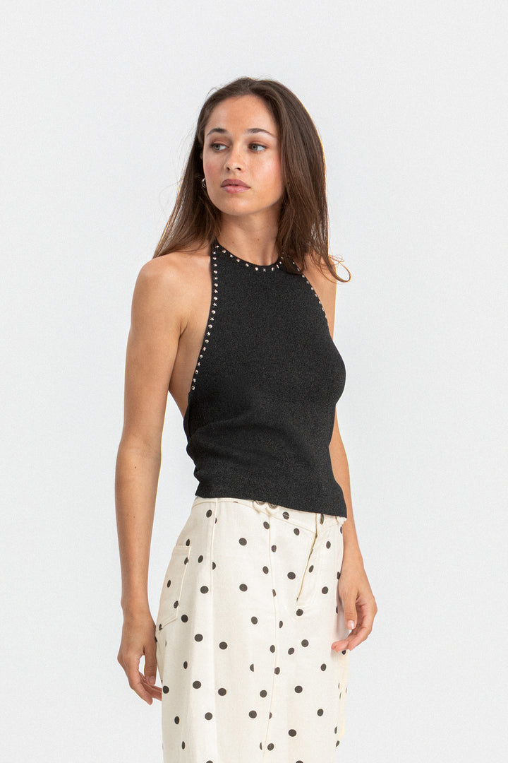 Top cai-cai em lurex com tachas