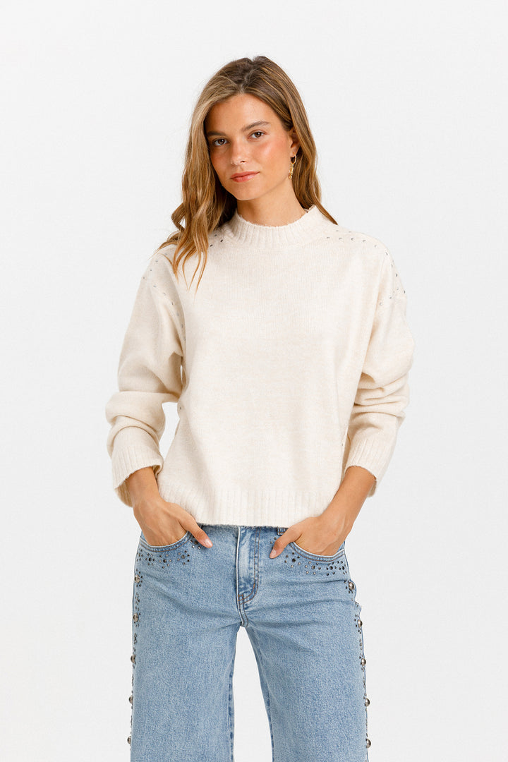 STUDDED CREW NECK SWEATER