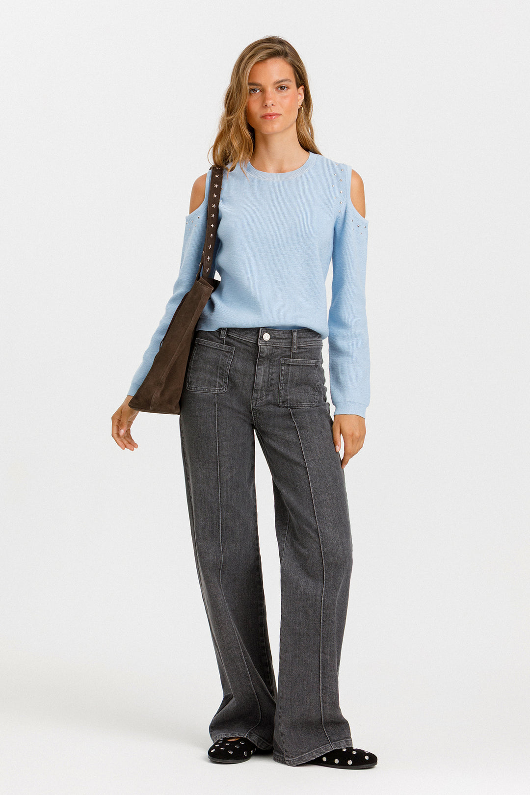 STUDDED CUT-OUT JERSEY TOP