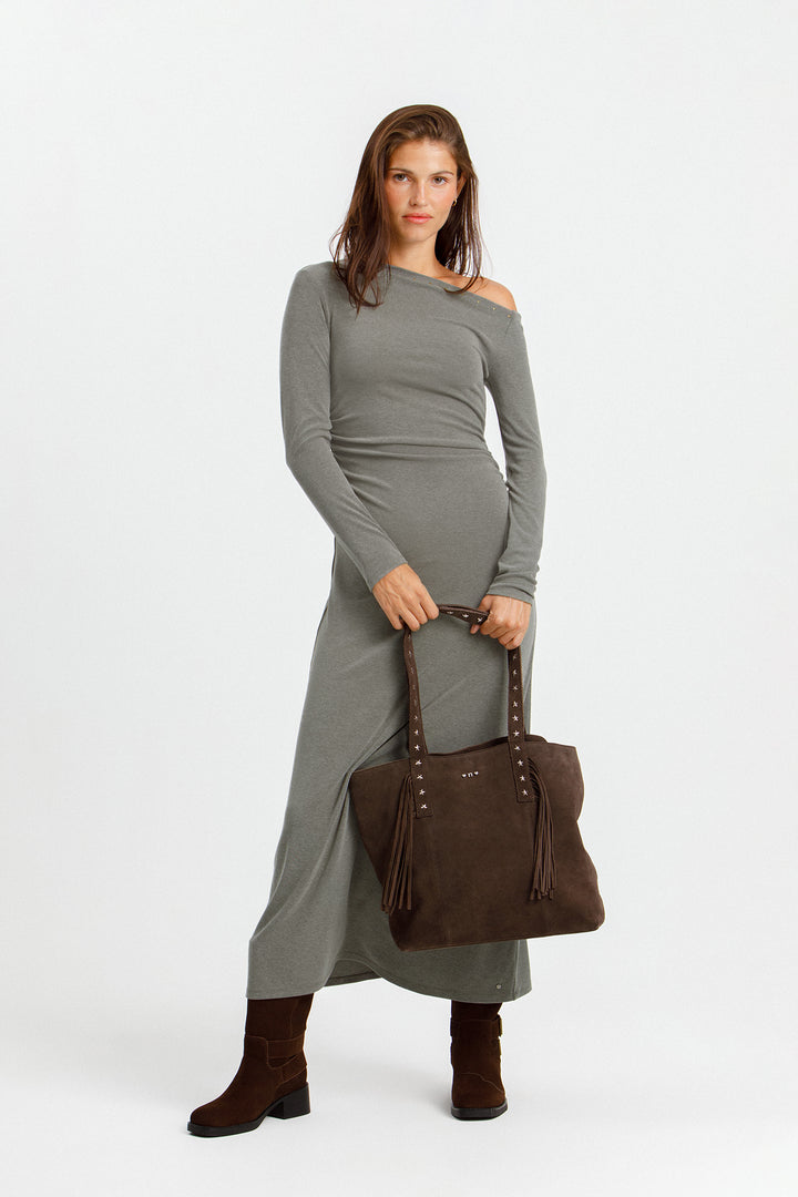 VESTIDO ASIMETRICO MIDI TACHAS