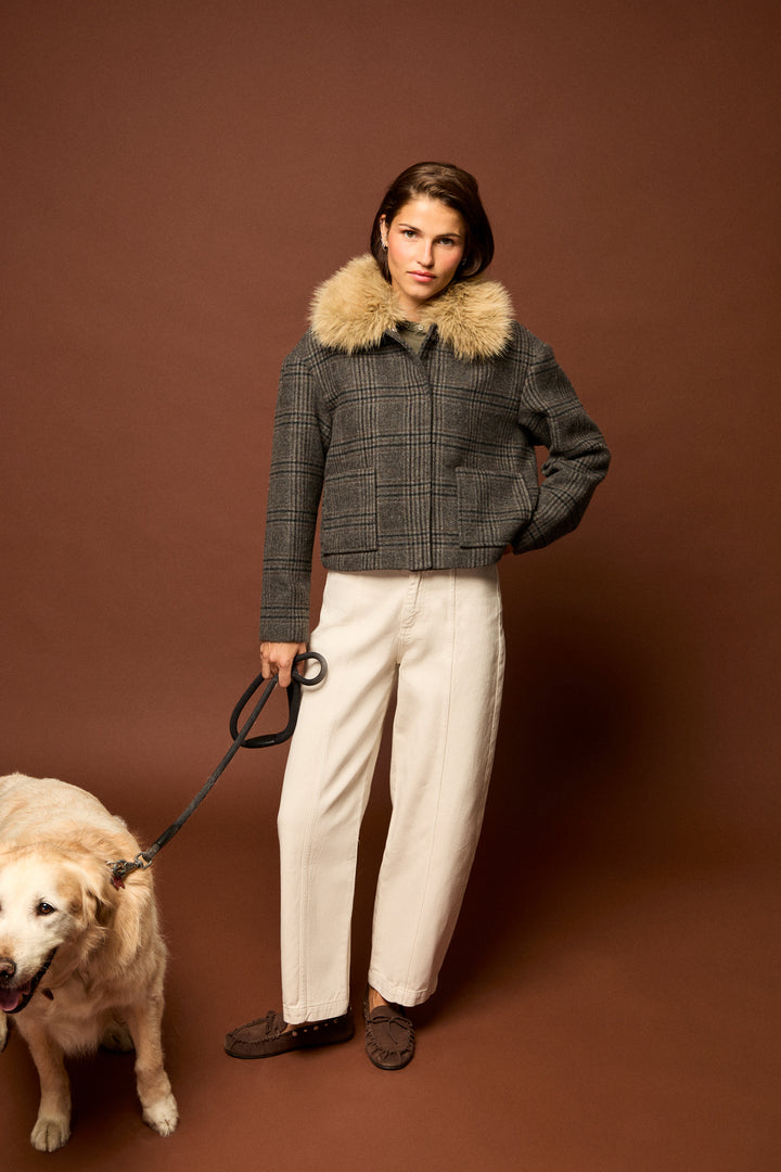 PLAID FUR COLLAR JACKET