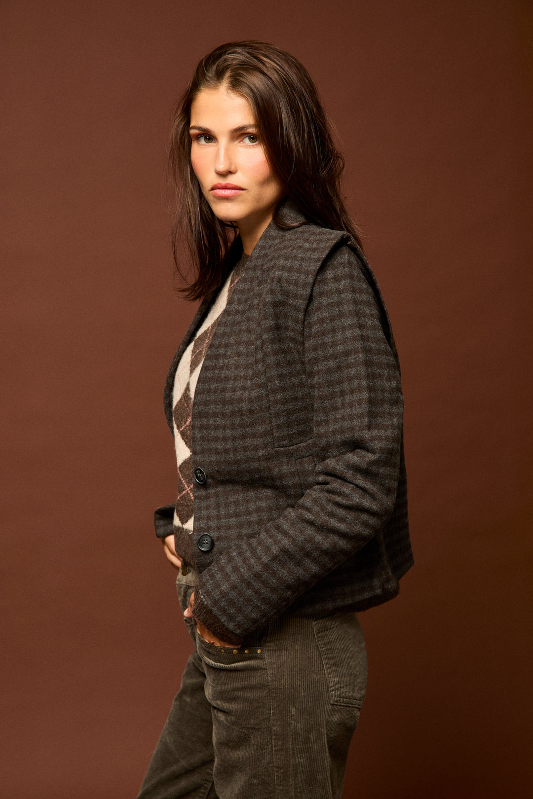 PLAID PADDED-SHOULDER JACKET