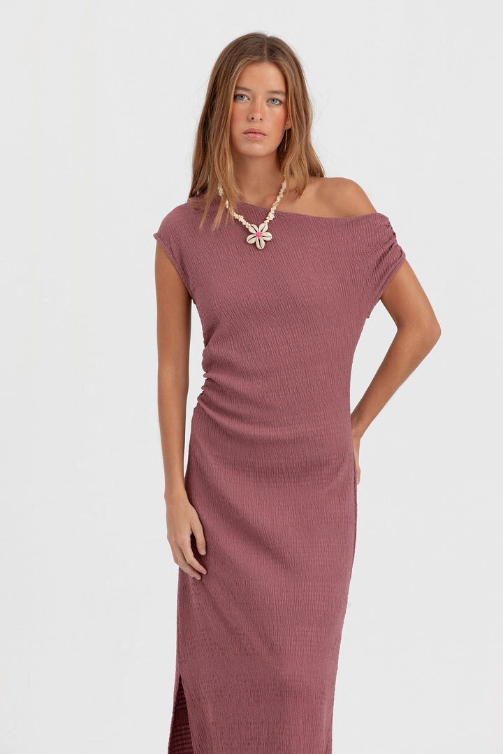 VESTIDO MIDI ASIMETRICO TEXTURA