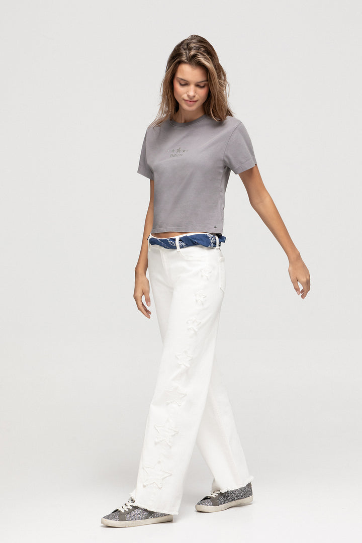 T-SHIRT MEIO-DIA COM ESTAMPA METALIZADA