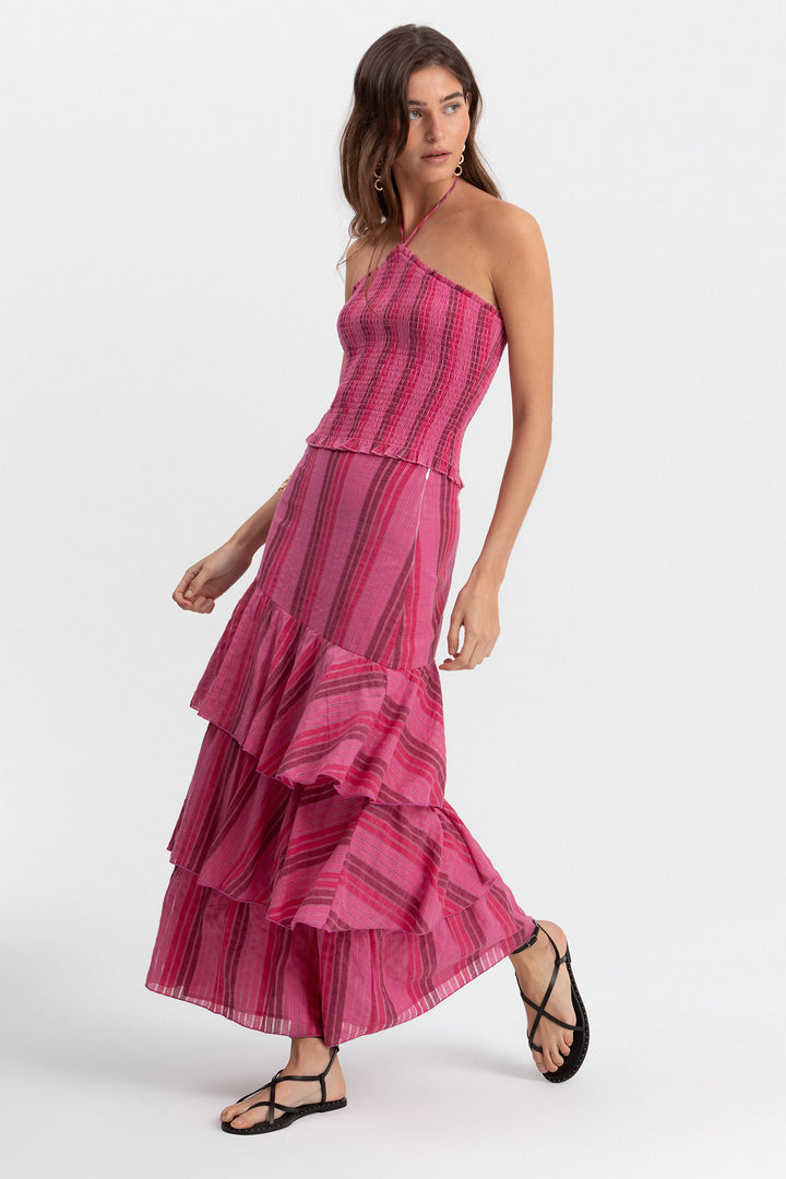 FALDA MIDI VOLANTES RAYAS