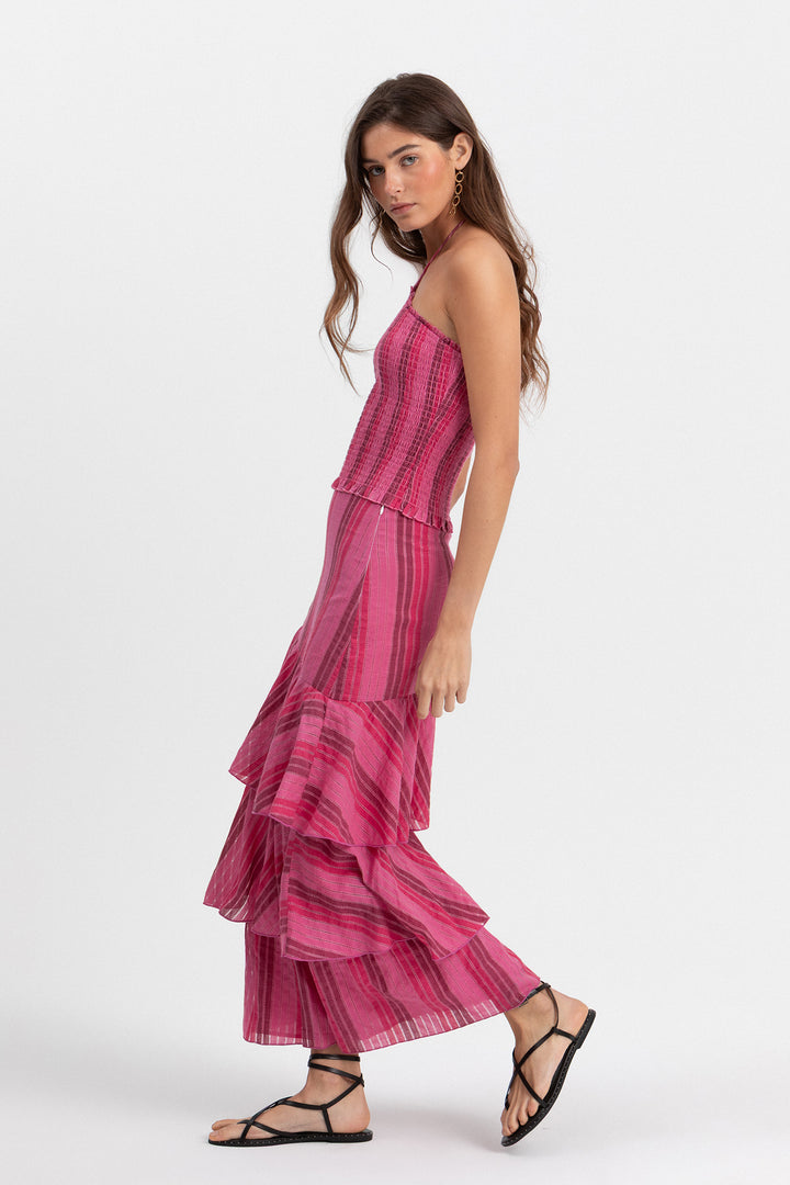 FALDA MIDI VOLANTES RAYAS