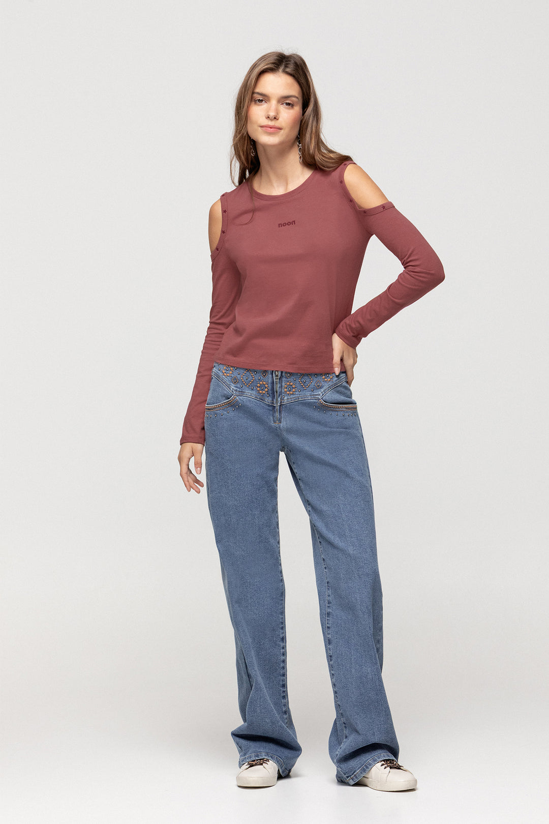 JEANS WITH EMBROIDERED YOKE AND STUDS