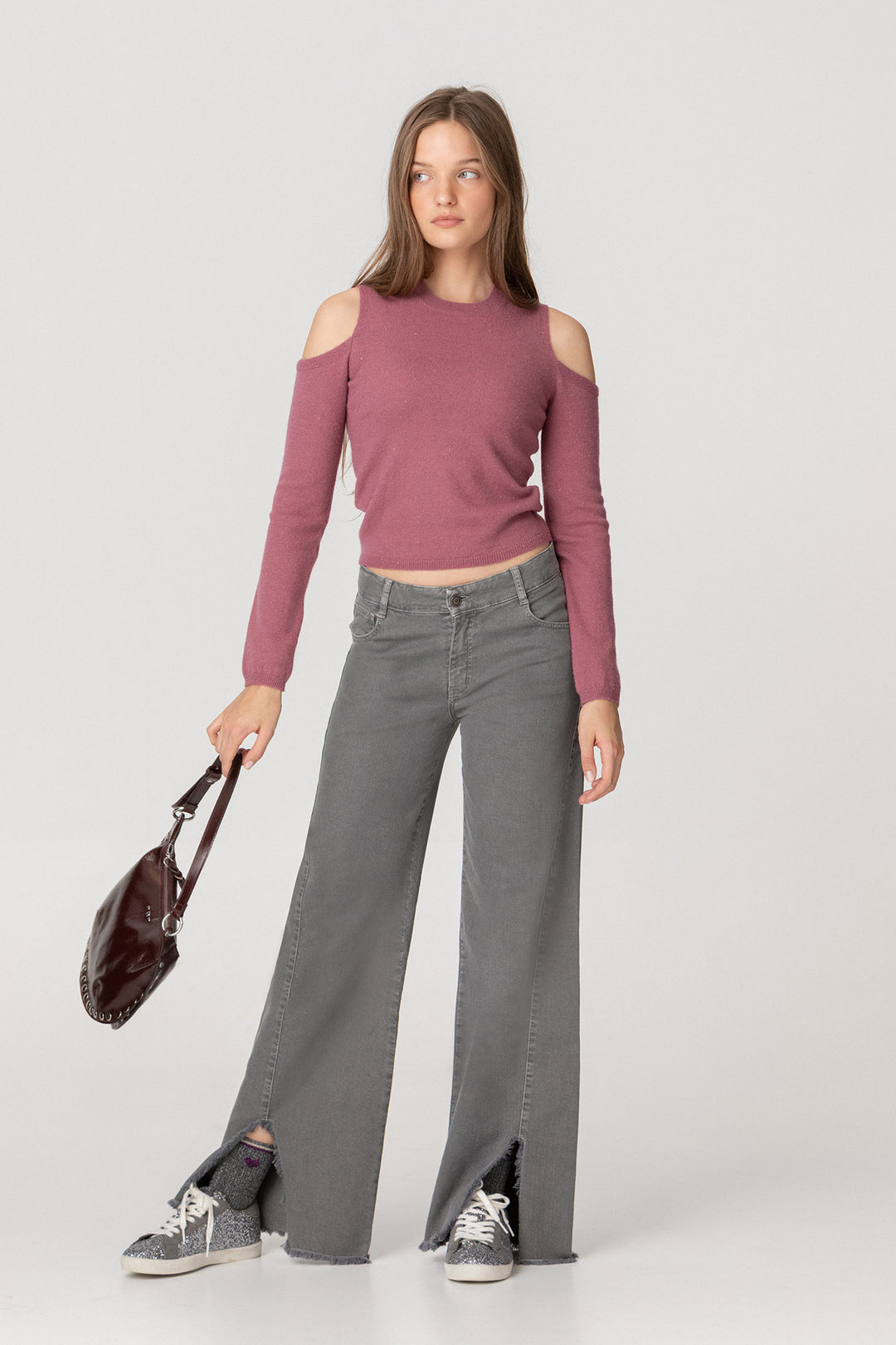 CALÇAS DE ganga DE PERNA LARGA COM BARRA DESFIADA