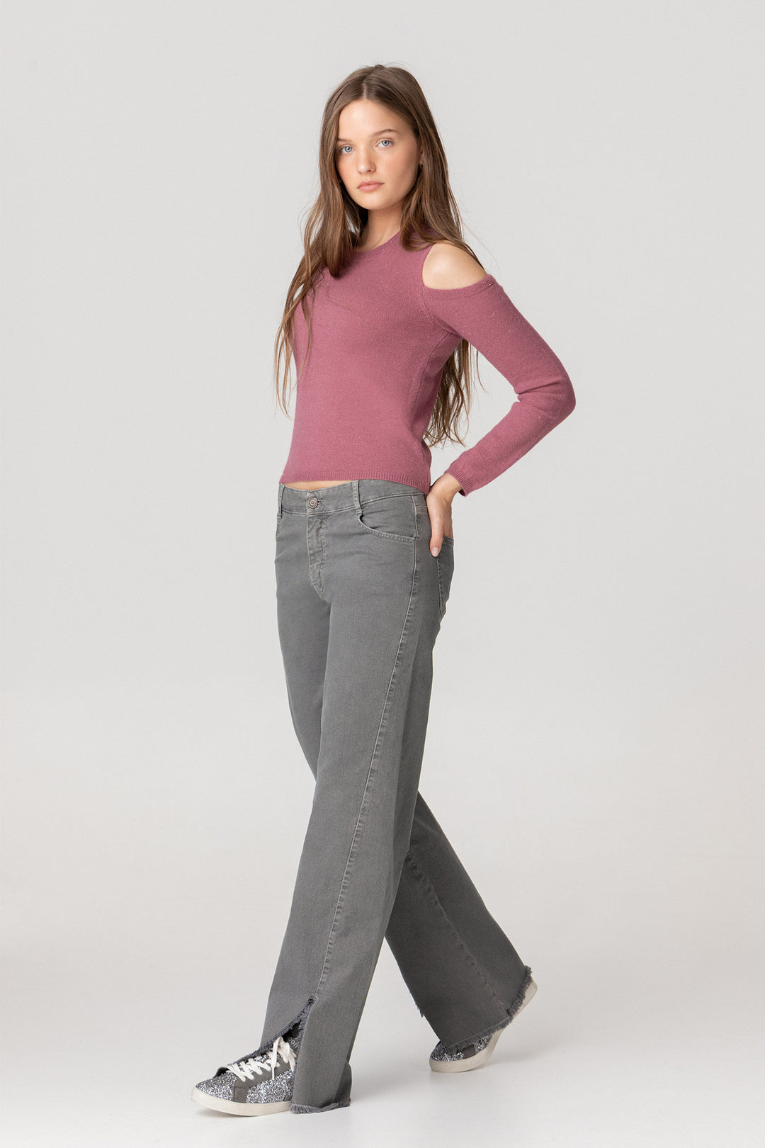 CALÇAS DE ganga DE PERNA LARGA COM BARRA DESFIADA