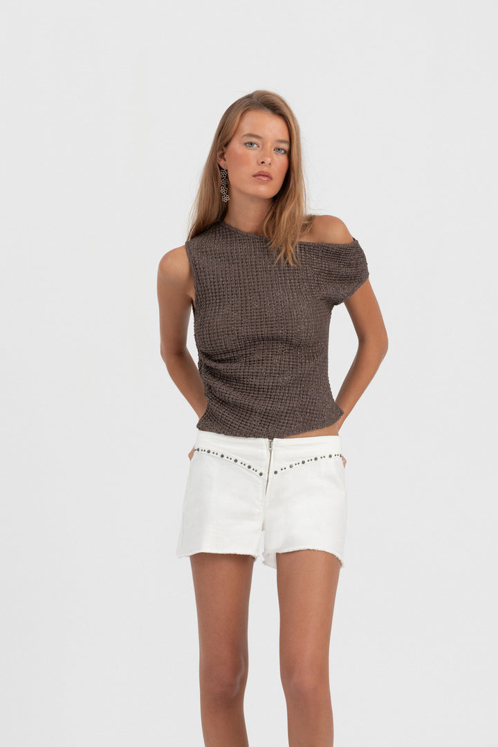 TOP ASIMETRICO TEXTURA LUREX