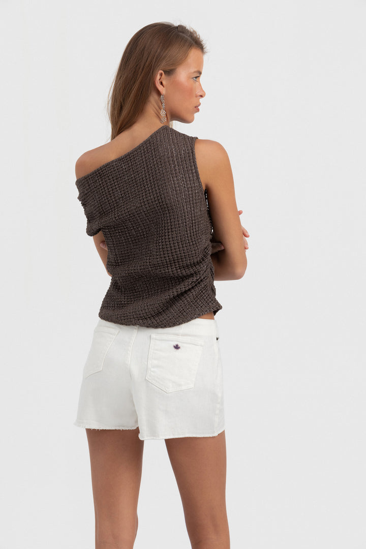 TOP ASIMETRICO TEXTURA LUREX
