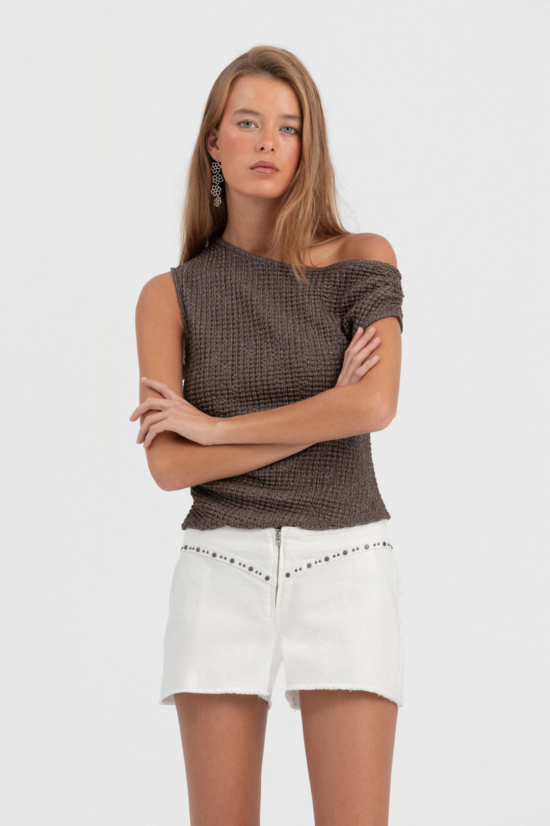 TOP ASIMETRICO TEXTURA LUREX