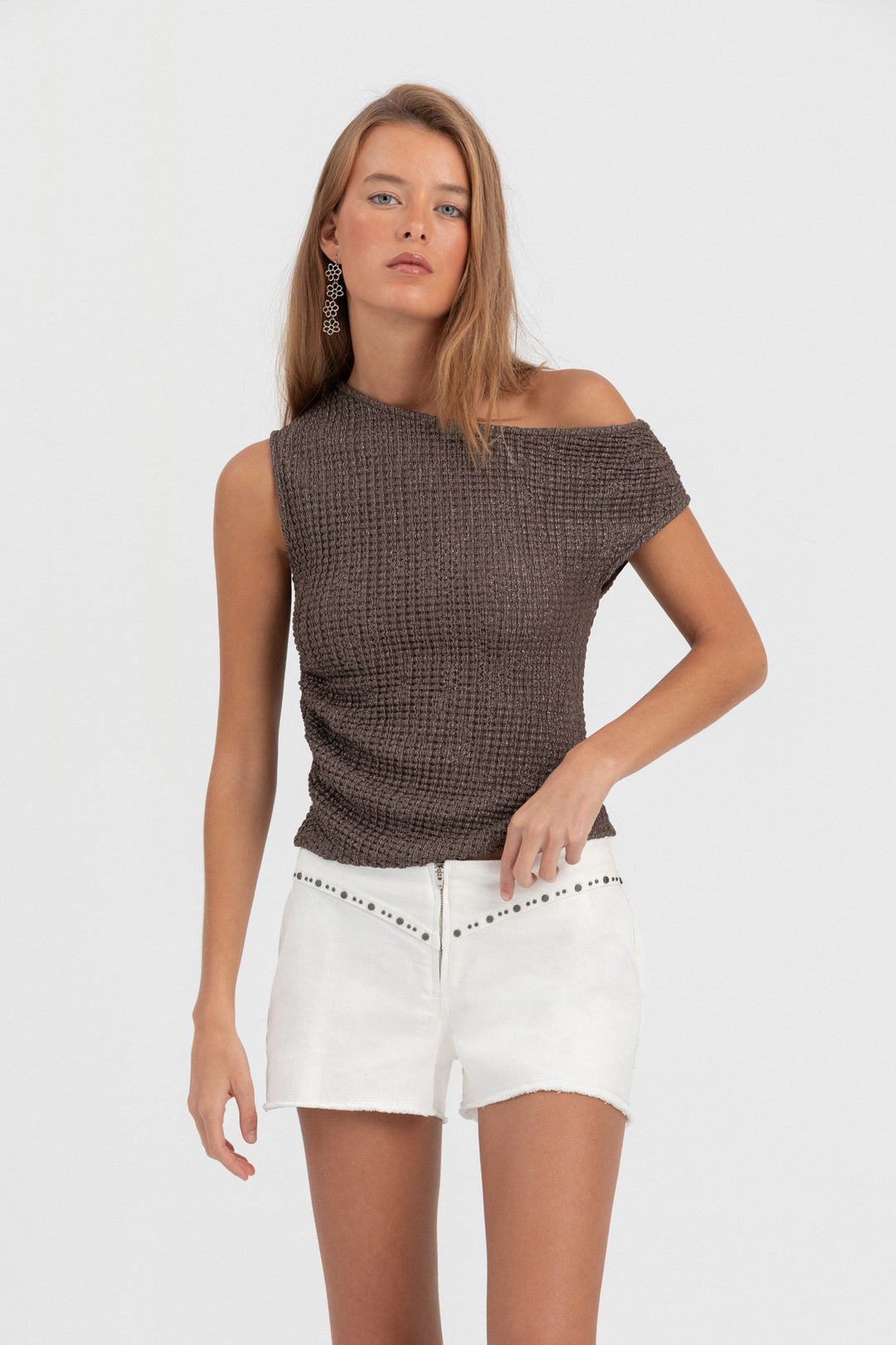 TOP ASIMETRICO TEXTURA LUREX