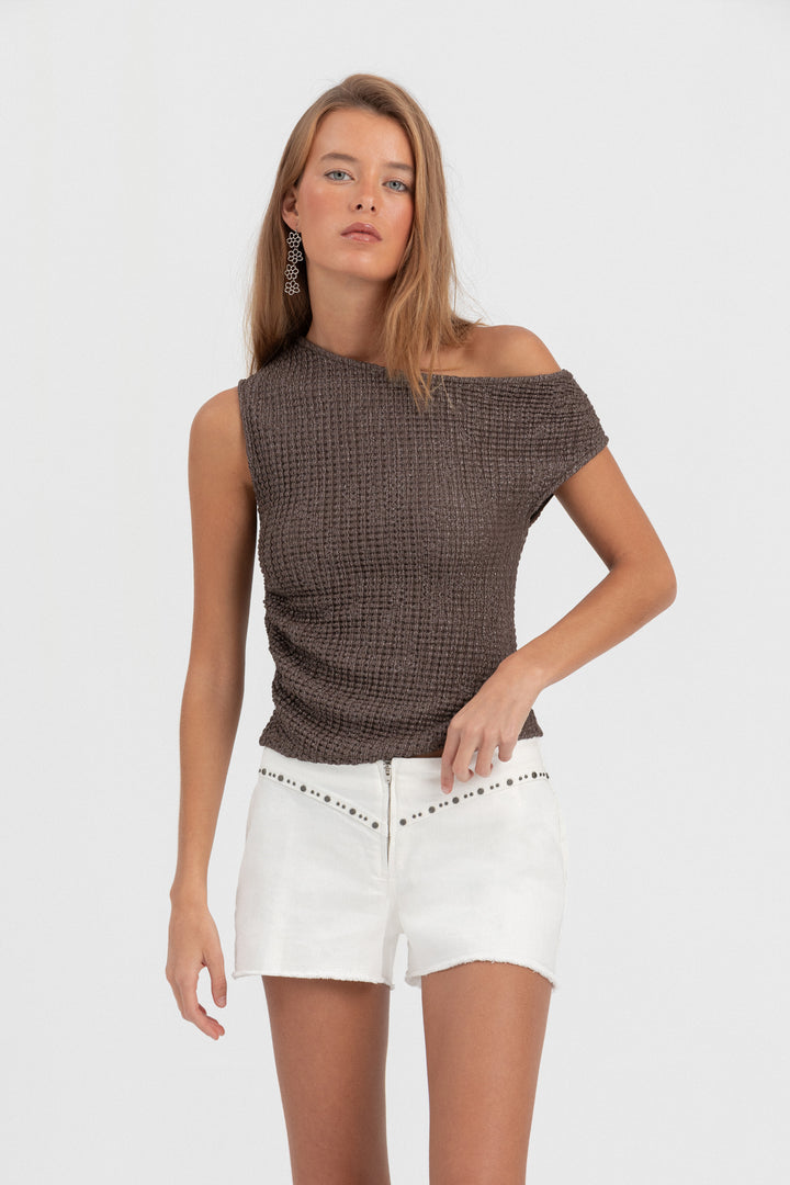TOP ASIMETRICO TEXTURA LUREX