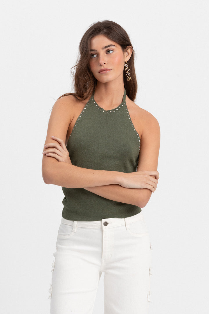 LUREX HALTER TOP WITH STUDS