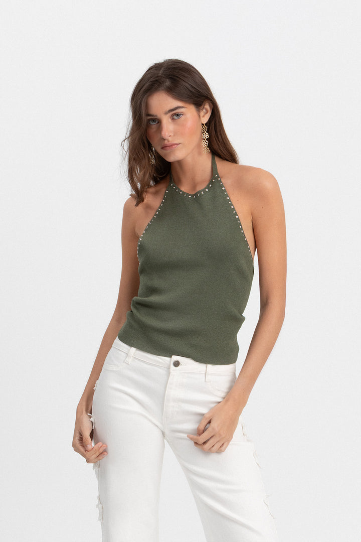 LUREX HALTER TOP WITH STUDS