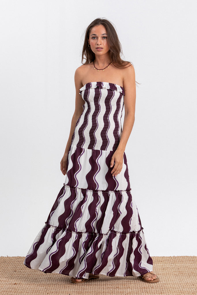 GATHERED STRIPED LONG DRESS | Noon Spain