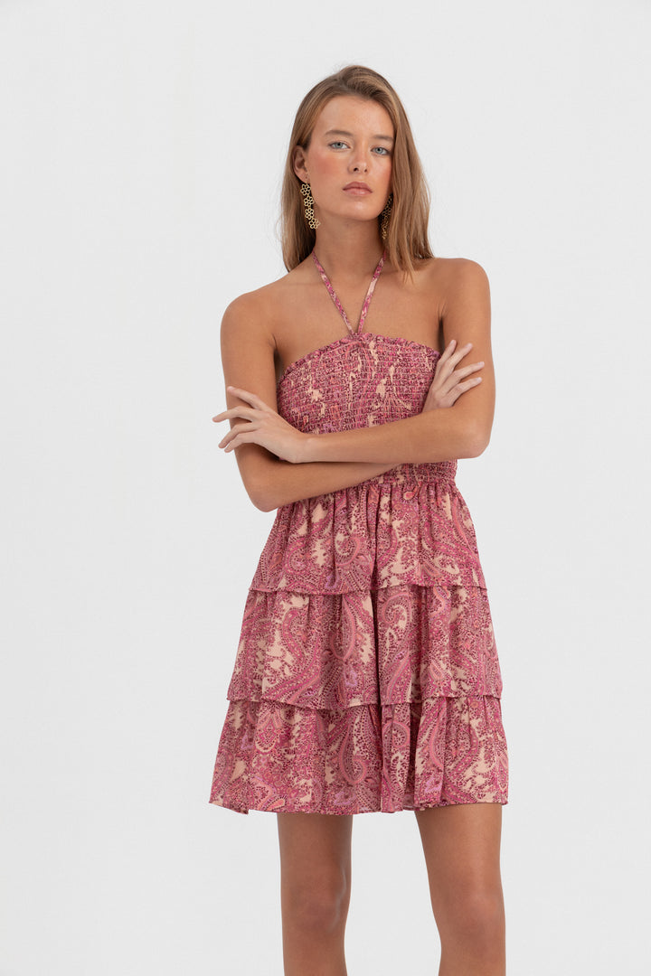 VESTIDO MINI ESTAMPADO VOLANTES