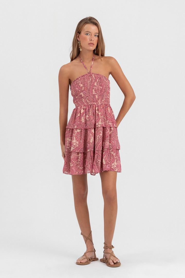 VESTIDO MINI ESTAMPADO VOLANTES