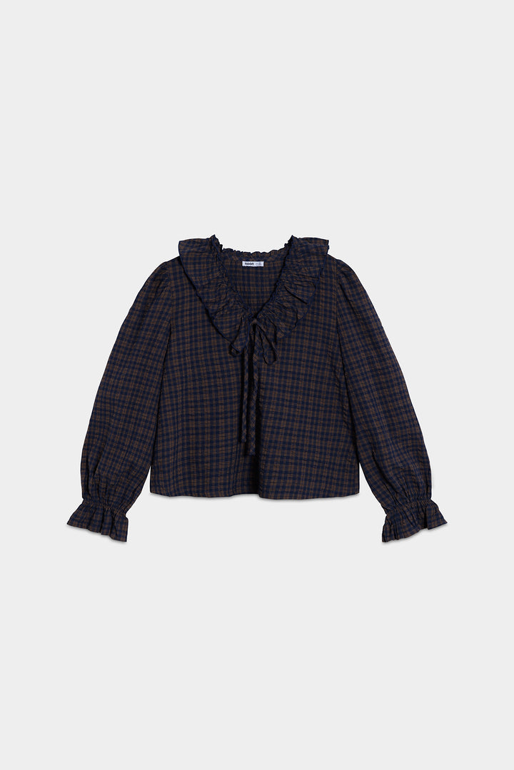 BLUSA CUADROS ESCOTE VOLANTE