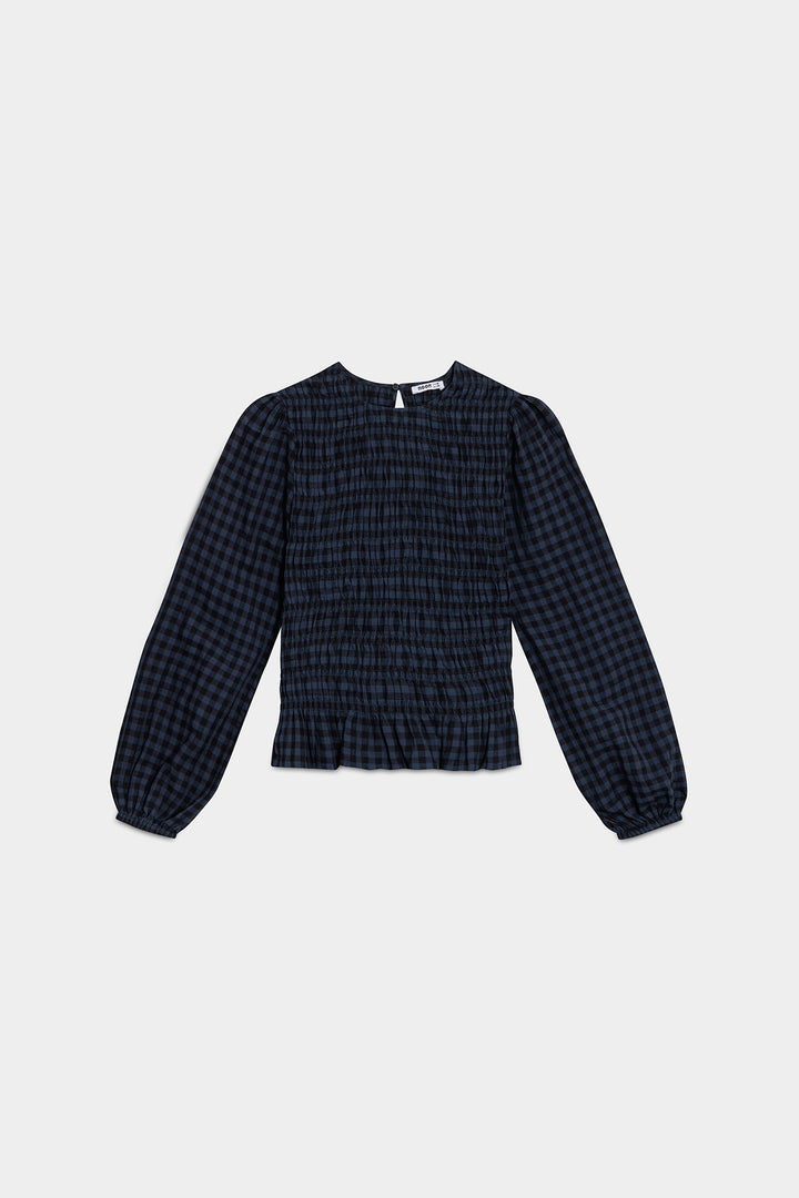 GATHERED PLAID BLOUSE