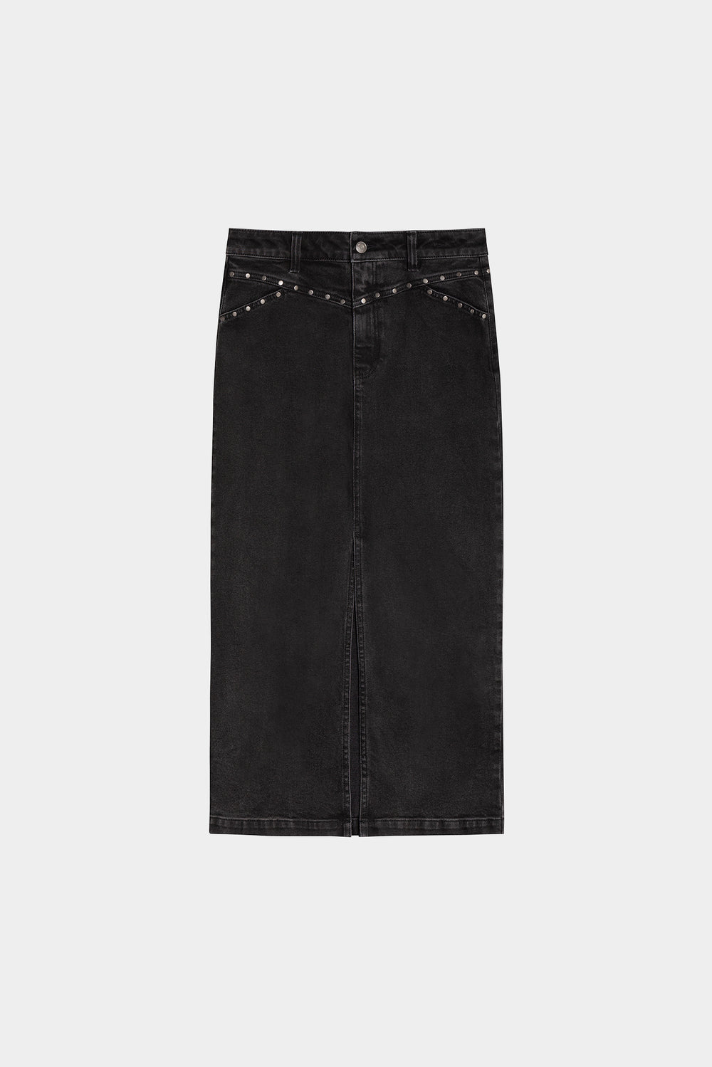 STUDDED DENIM MIDI SKIRT