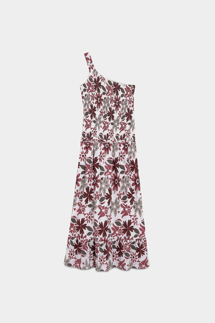 ASYMMETRIC PRINTED MIDI DRESS